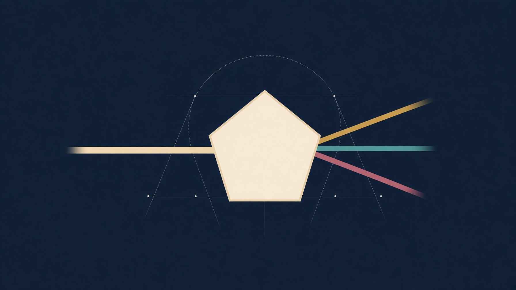 A cream pentagon on navy. One beam enters and leaves as gold, teal, and rose rays.